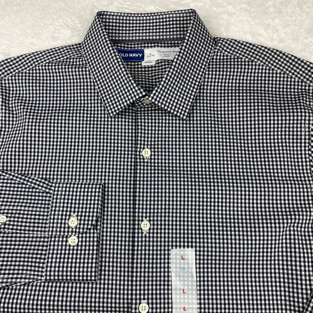 OLD NAVY Mens Pro Signature Shirt L 16.5-35 Black/White Checks Slim Fit Go-Dry